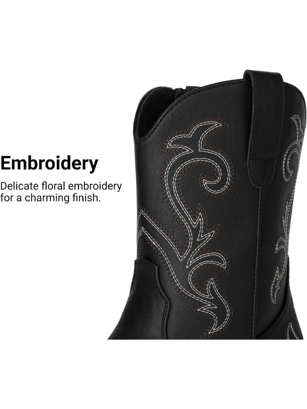Women's Classic Black Square Toe Chunky Embroidered Western Boots with Zippers - Picture 4 of 6
